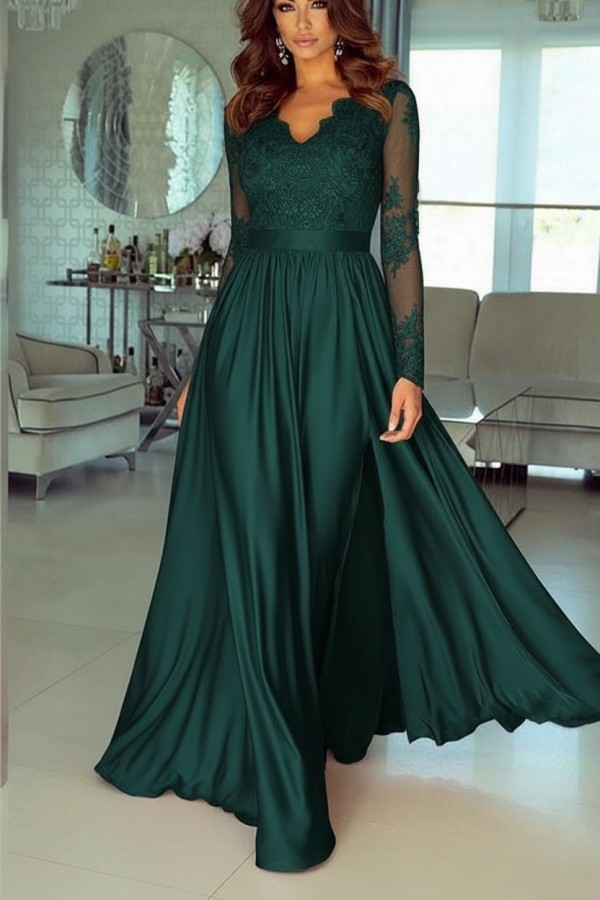 Champagne Abendkleider Lang Mit Ärmel Spitze Abendmoden Günstig