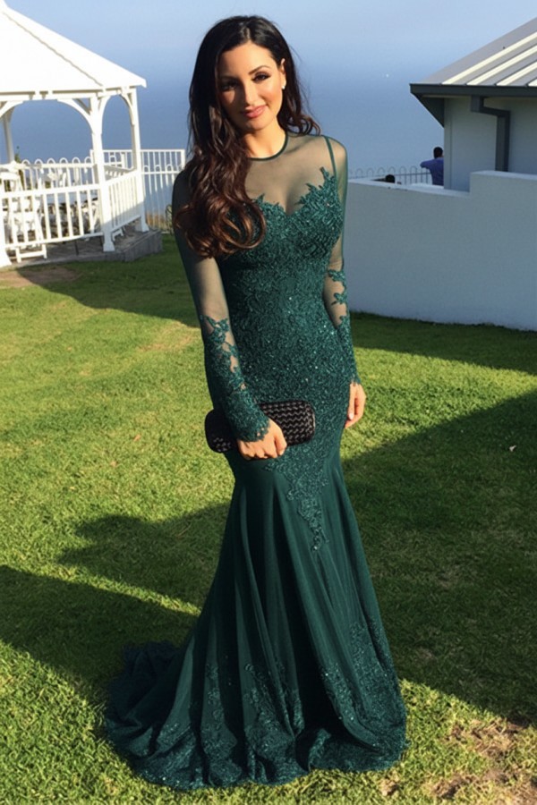 Schwarz Abendkleider Lang Ärmel Spitze Meerjungfrau Abendmoden Partykleider