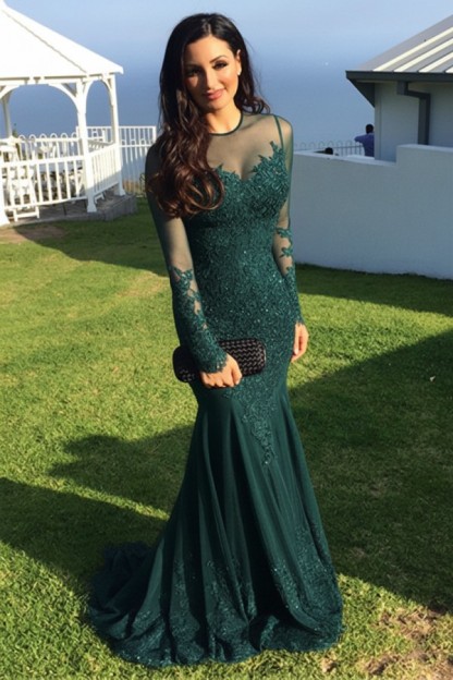 Schwarz Abendkleider Lang Ärmel Spitze Meerjungfrau Abendmoden Partykleider