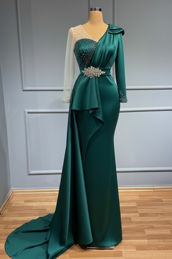 Olive Grün Abendkleider Lang Glitzer | Abiballkleider mit Ärmel