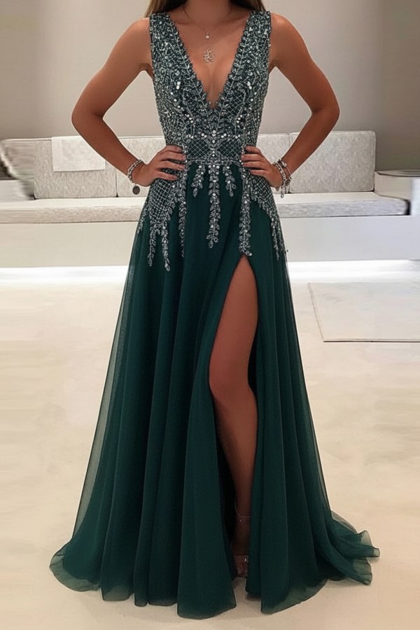 Champagne Abendkleider Lang Günstig V Ausschnitt Tüll Abendmoden Abiballkleider