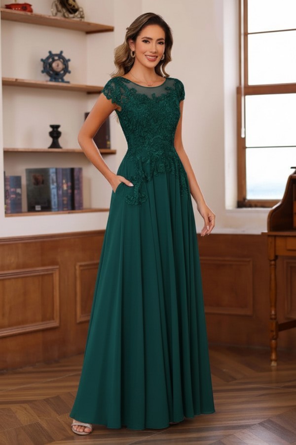 Dusty Blaue Brautmutterkleider Lang Chiffon Partykleid mit Spitze