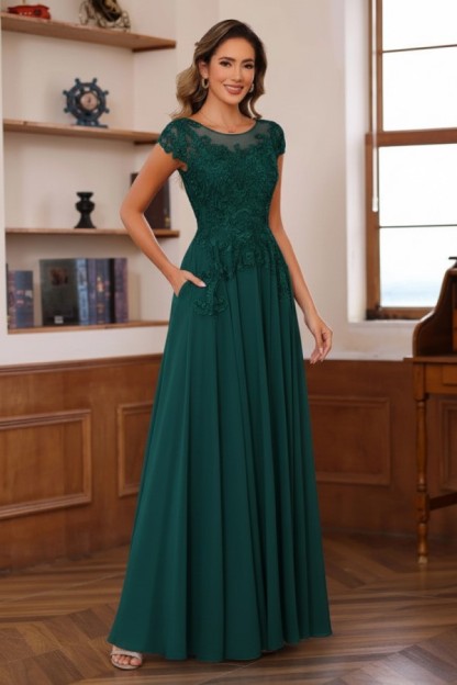 Dusty Blaue Brautmutterkleider Lang Chiffon Partykleid mit Spitze