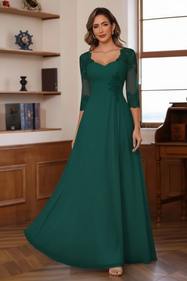 Dusty Blaue Brautmutterkleider Lang Chiffon Hoochzeitspartykleid Spitzenärmel