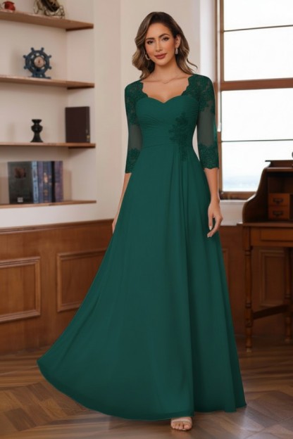 Dusty Blaue Brautmutterkleider Lang Chiffon Hoochzeitspartykleid Spitzenärmel