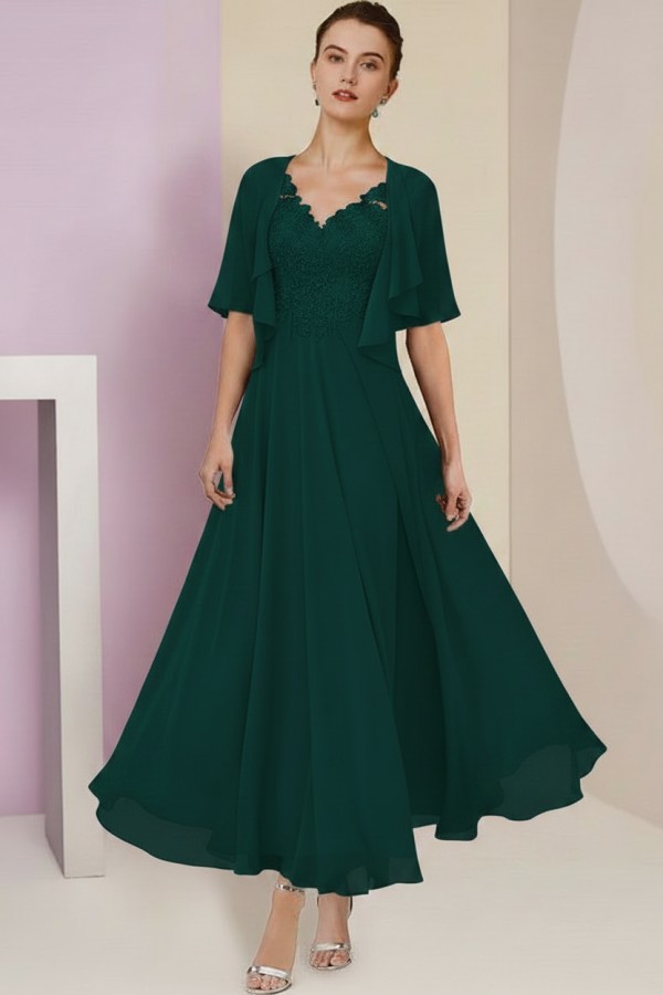 Elegant Rosa Brautmutterkleider Chiffon | Mutterkleider mit V-Ausschnitt