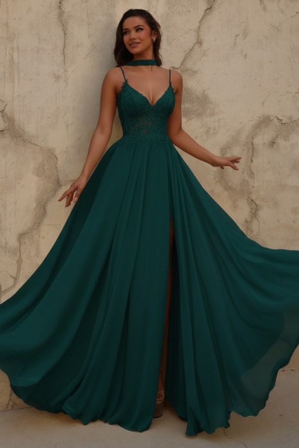 Neue Chiffon Ballkleid Lang Gelb Abendkleider mit Spitze