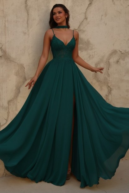 Neue Chiffon Ballkleid Lang Gelb Abendkleider mit Spitze