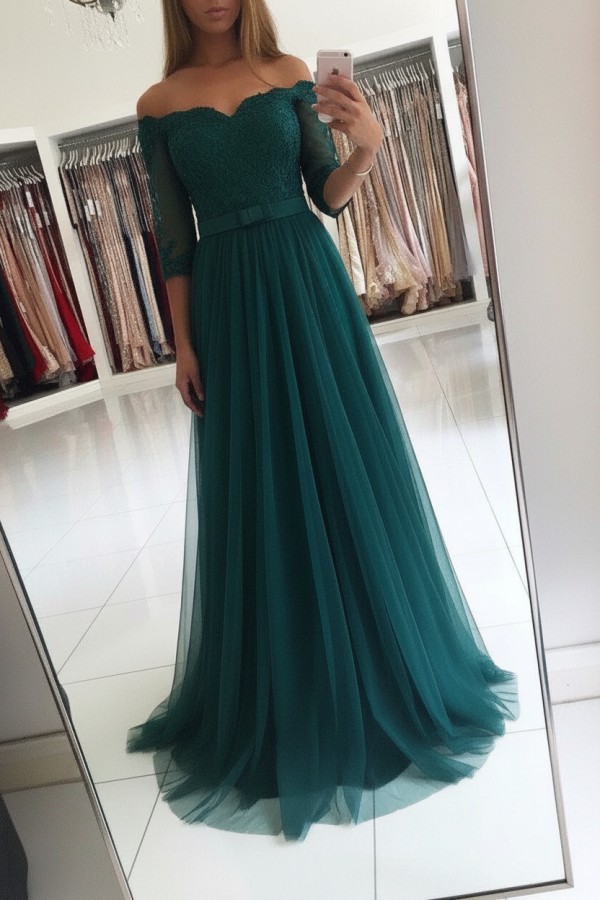 Elegante Abendkleider Lang Rosa Mit Ärmel Abendmoden Spitze Günstig