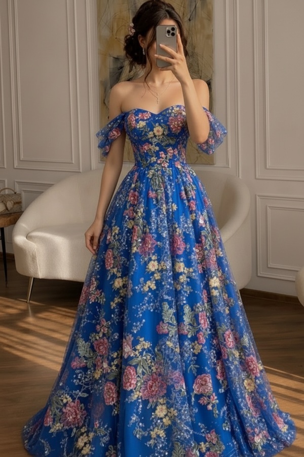Schöne Abendkleider Lang Glitzer Ballkleider mit Blumen