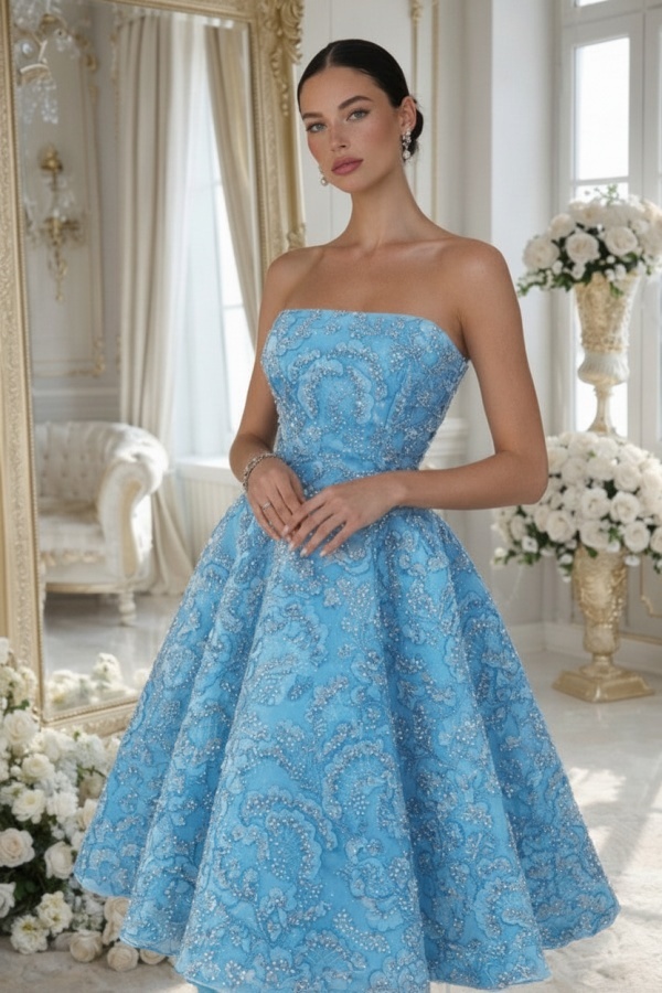 Dusty Blau Cocktailkleider Spitze Kurze Ballkleider mit Glitzer