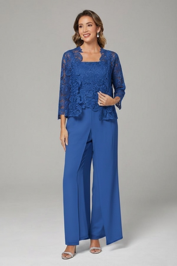 Himmel Blaue Chiffon Mutterkleider mit Jacket | 3 Teilen Brautmutter Hosenanzuge