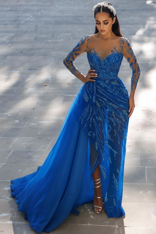 Blaues Abendkleid Lang Glitzer | Abiballkleider Spitze Mit Ärmel