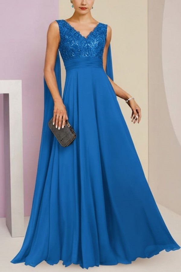 Brautmutterkleid Lang Blau Kleider für Brautmutter mit Ärmel