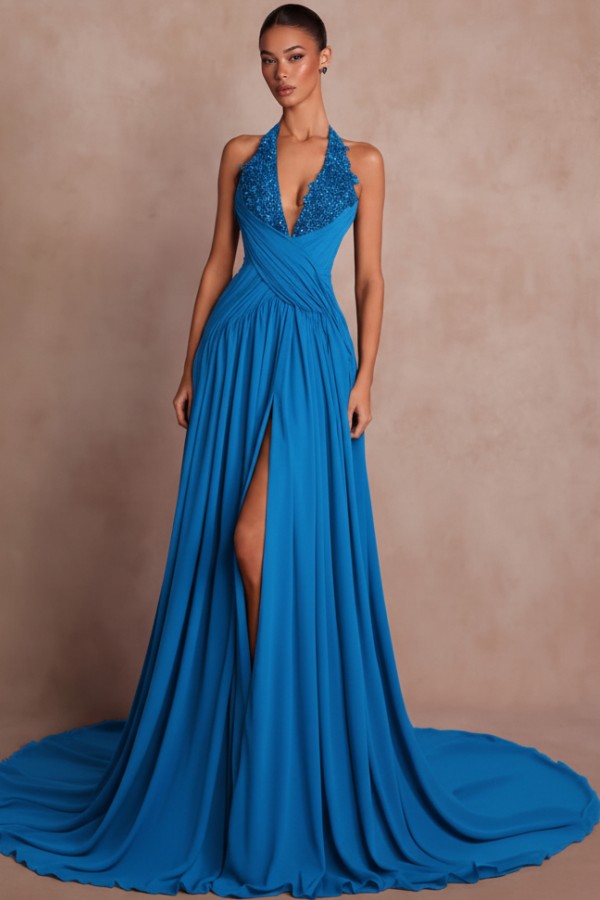 Schlichte Abendkleider Lang V Ausschnitt Chiffon Ballkleider mit Glitzer