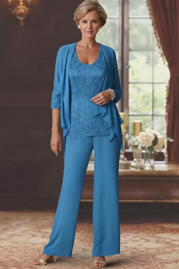 Silber Brautmutter Hosenanzug Chiffon Brautmutterkleider mit Spitze