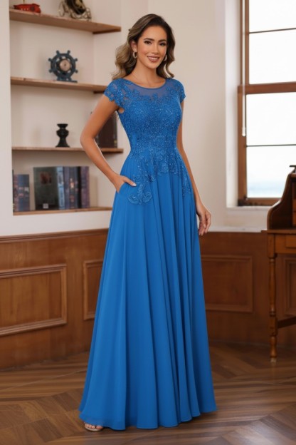 Dusty Blaue Brautmutterkleider Lang Chiffon Partykleid mit Spitze