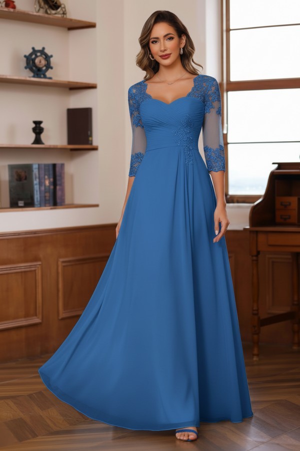 Dusty Blaue Brautmutterkleider Lang Chiffon Hoochzeitspartykleid Spitzenärmel