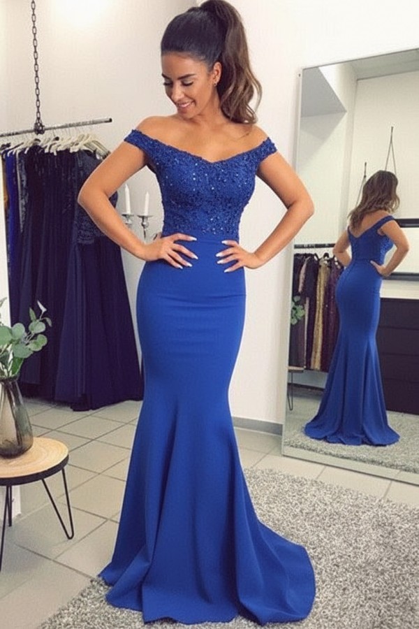 Navy Blau Abendkleider Lang Günstig Meerjungfrau Spitze Abendkleid Abiballkleider