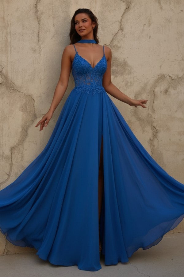 Neue Chiffon Ballkleid Lang Gelb Abendkleider mit Spitze