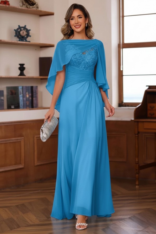 Designer Chiffon Brautmutterkleider Lang Blau Festliche Kleider Hochzeitsparty