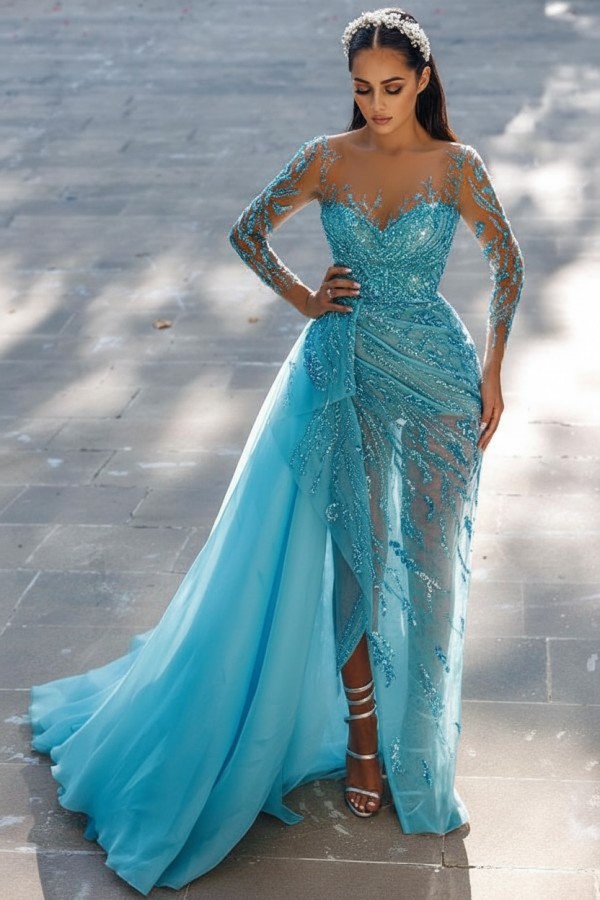 Blaues Abendkleid Lang Glitzer | Abiballkleider Spitze Mit Ärmel