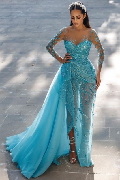 Blaues Abendkleid Lang Glitzer | Abiballkleider Spitze Mit Ärmel