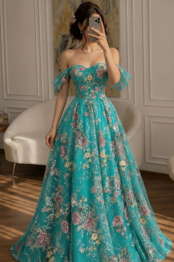 Schöne Abendkleider Lang Glitzer Ballkleider mit Blumen