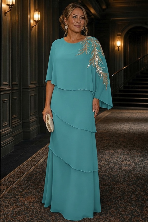Champagner Brautmutterkleider Lang Chiffon Hochzeitsparty Kleider Glitzer