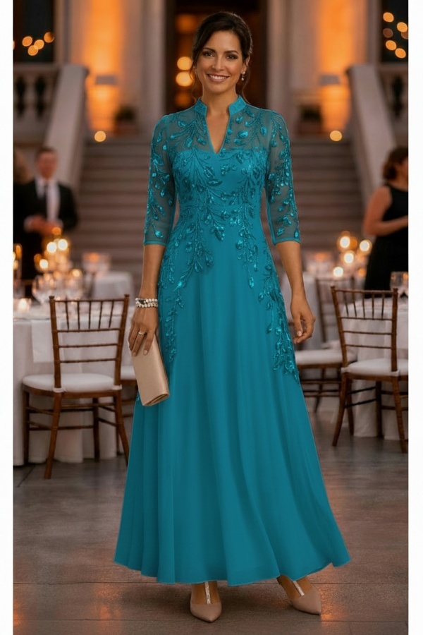 Festliche Kleider Hochzeitsparty Lang Brautmutterkleider Glitzer mit Ärmel