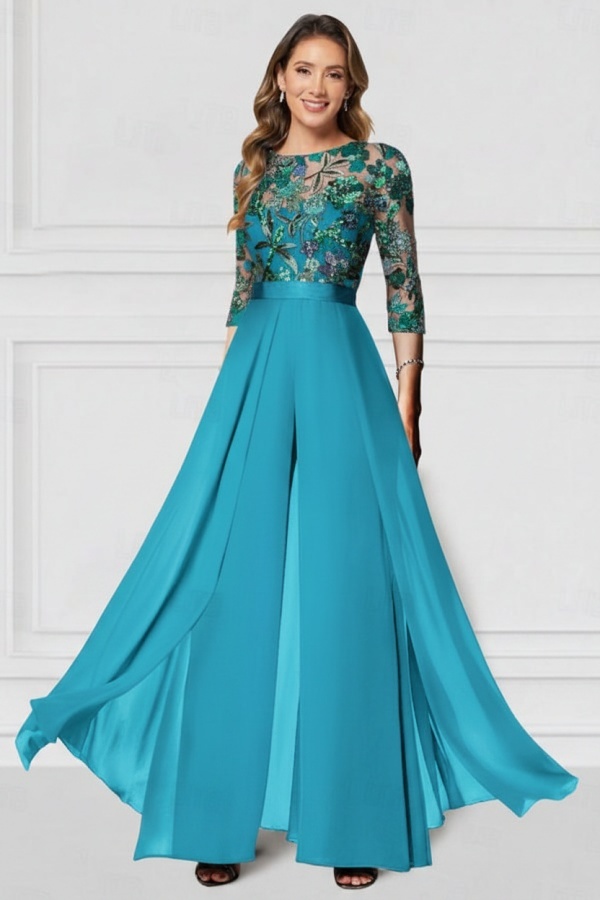 Festliche Hosenanzüge Lang Glitzer | Chiffon Schwarz Brautmutterkleider mit Ärmel