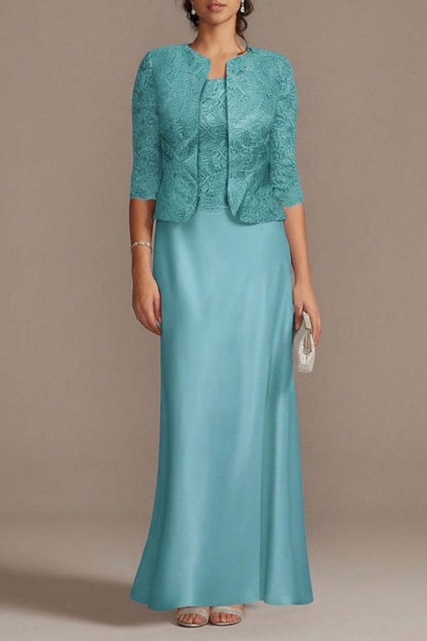 Blaue Brautmutterkleider Lang Günstig | Brautmutterkleid mit Spitze Jacke