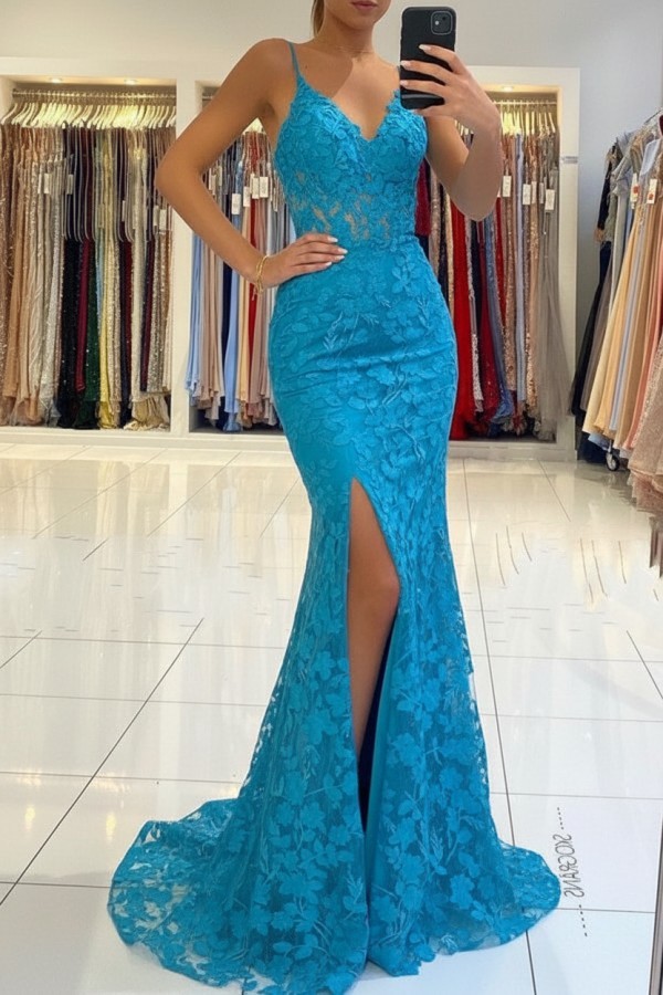 Elegante Abendkleider Blau | Spitze Abiballkleider Meerjungfrau
