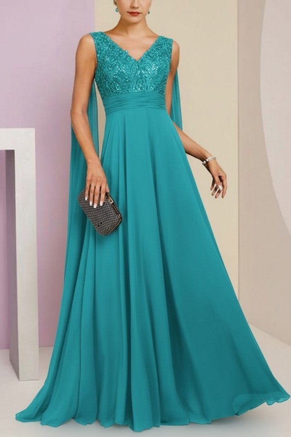 Brautmutterkleid Lang Blau Kleider für Brautmutter mit Ärmel