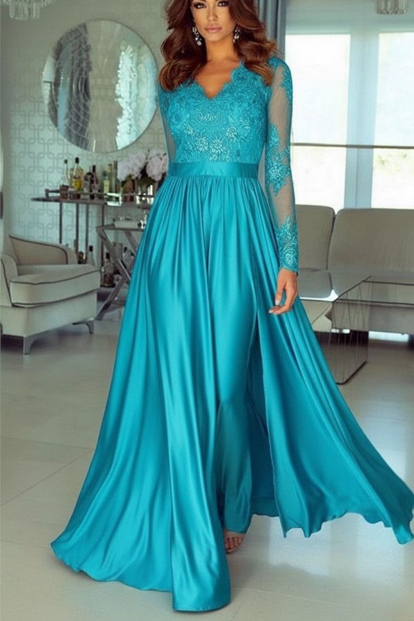 Champagne Abendkleider Lang Mit Ärmel Spitze Abendmoden Günstig