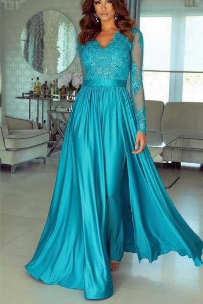 Champagne Abendkleider Lang Mit Ärmel Spitze Abendmoden Günstig