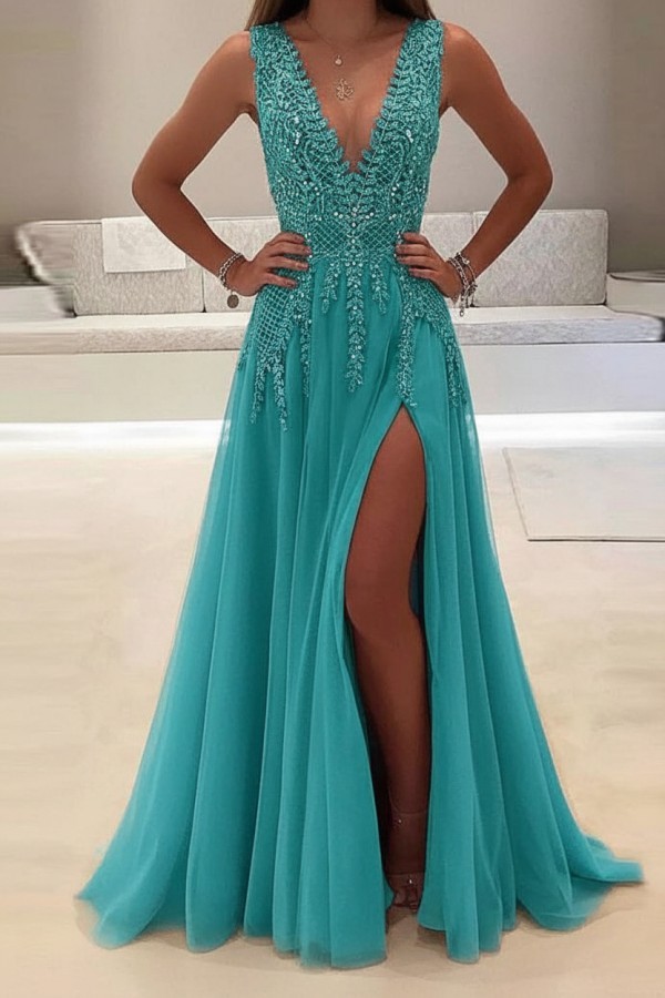 Champagne Abendkleider Lang Günstig V Ausschnitt Tüll Abendmoden Abiballkleider