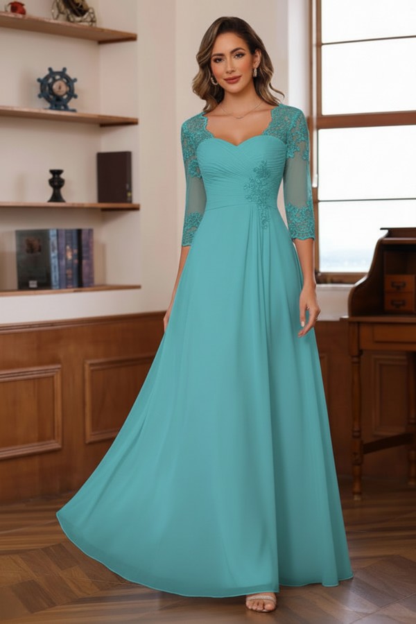 Dusty Blaue Brautmutterkleider Lang Chiffon Hoochzeitspartykleid Spitzenärmel