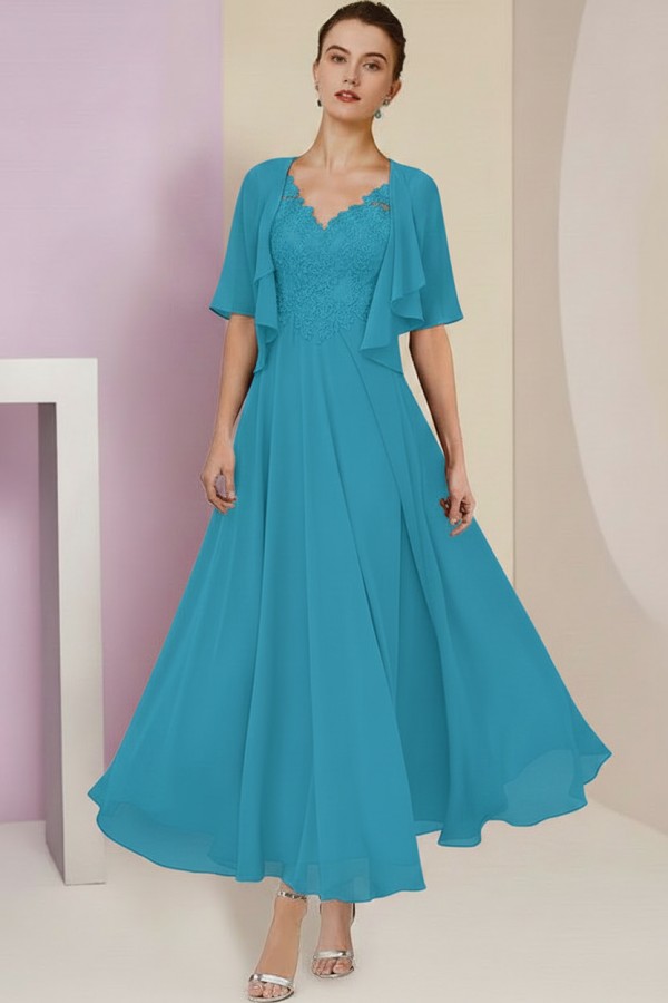Elegant Rosa Brautmutterkleider Chiffon | Mutterkleider mit V-Ausschnitt