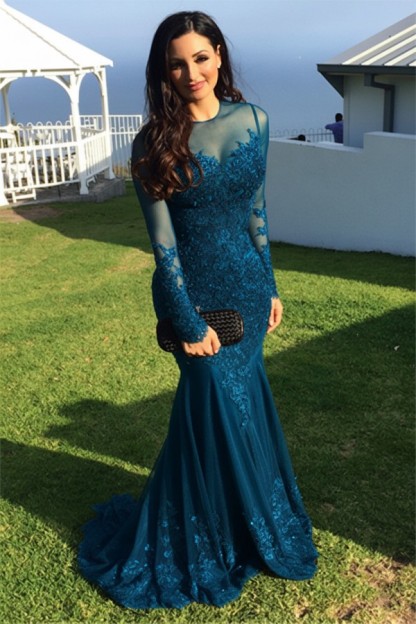 Schwarz Abendkleider Lang Ärmel Spitze Meerjungfrau Abendmoden Partykleider