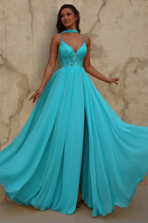 Neue Chiffon Ballkleid Lang Gelb Abendkleider mit Spitze