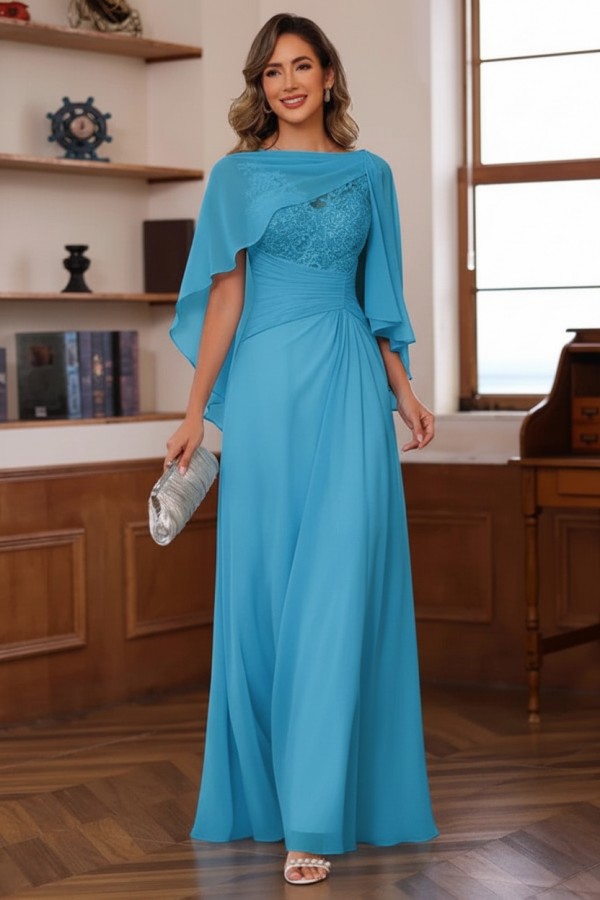 Designer Chiffon Brautmutterkleider Lang Blau Festliche Kleider Hochzeitsparty