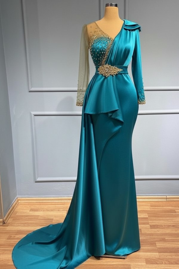 Olive Grün Abendkleider Lang Glitzer | Abiballkleider mit Ärmel