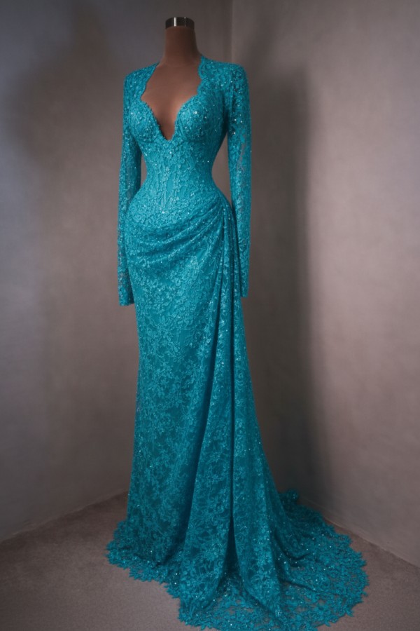 Himmel Blau Abendkleider Lang Spitze Abiballkleider mit Ärmel