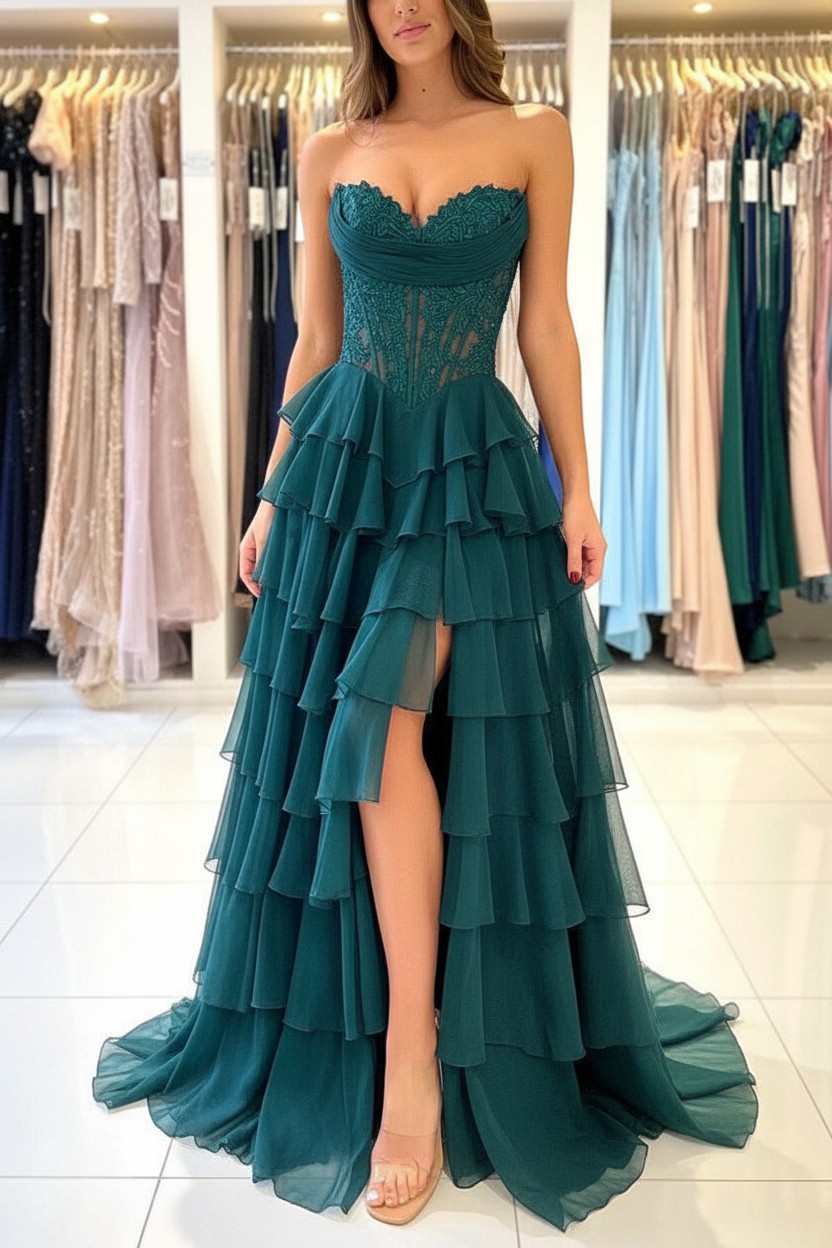 Elegante Abendkleider Lang Blau Ballkleider Mit Spitze