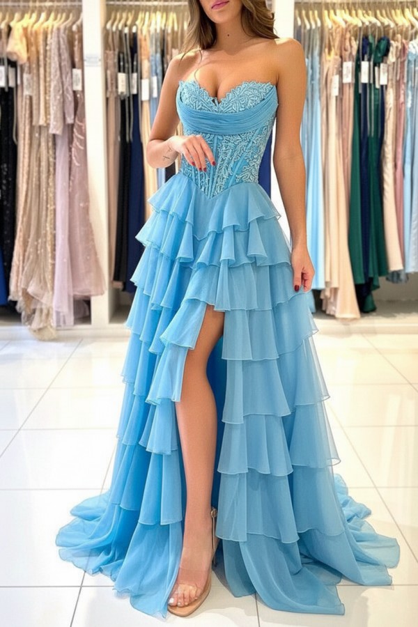 Elegante Abendkleider Lang Blau Ballkleider Mit Spitze