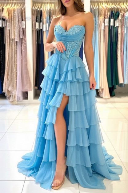 Elegante Abendkleider Lang Blau Ballkleider Mit Spitze