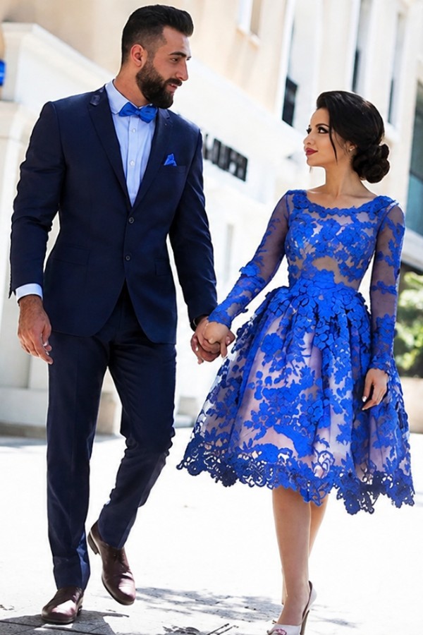 Royal Blau Kurze Cocktailkleider Lang Ärmel Spitze Abendkleider Partykleider