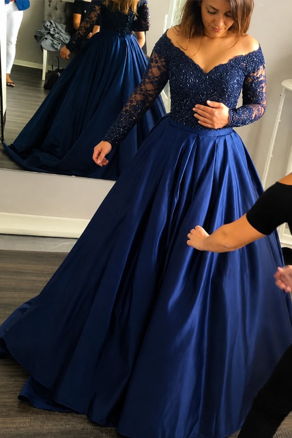 Abendkleider Mit Lange Ärmel Spitze Blau Satin Abendmoden Ballkleider