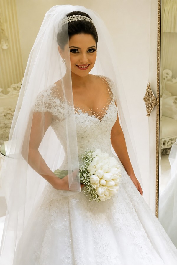 Modern Brautkleider Weiß MIt Spitze A Linie Perlen Tüll Brautmoden Hochzeitskleider